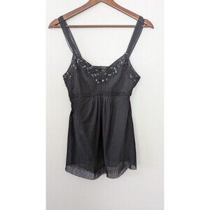 Vtg Y2K Express Sheer Mesh Babydoll Cami Top M Beaded Fairy Grunge Whimsigoth